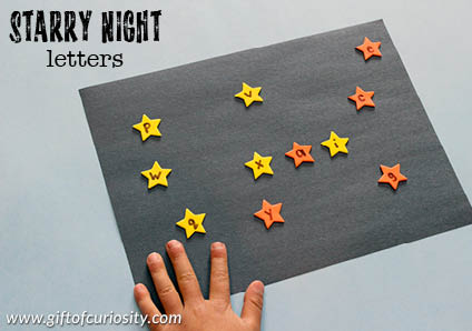 This alphabet activity will appeal to kids who love the night sky as well as kids who enjoy playing with stickers. Help your child create a beautiful starry night sky with letter stars. As your child places the stars on his artwork, discuss the letter sounds together to support his learning.|| Gift of Curiosity