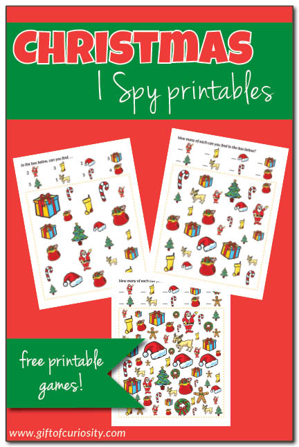 FREE printable Christmas I Spy games that support visual discrimination and counting skills. These are great for learning and fun during the month of December. || Gift of Curiosity