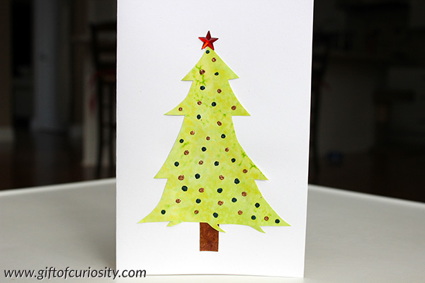 Watercolor and salt painted Christmas tree cards - this Christmas craft will make a special holiday card for children to give to others this holiday season || Gift of Curiosity
