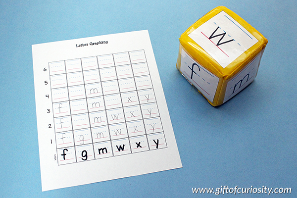 Free printable Letter Graphing activity to help children work on letter recognition, letter formation, and early math skills in the form of graphing. Two different dice options and two different letter graphing options included in the download. || Gift of Curiosity