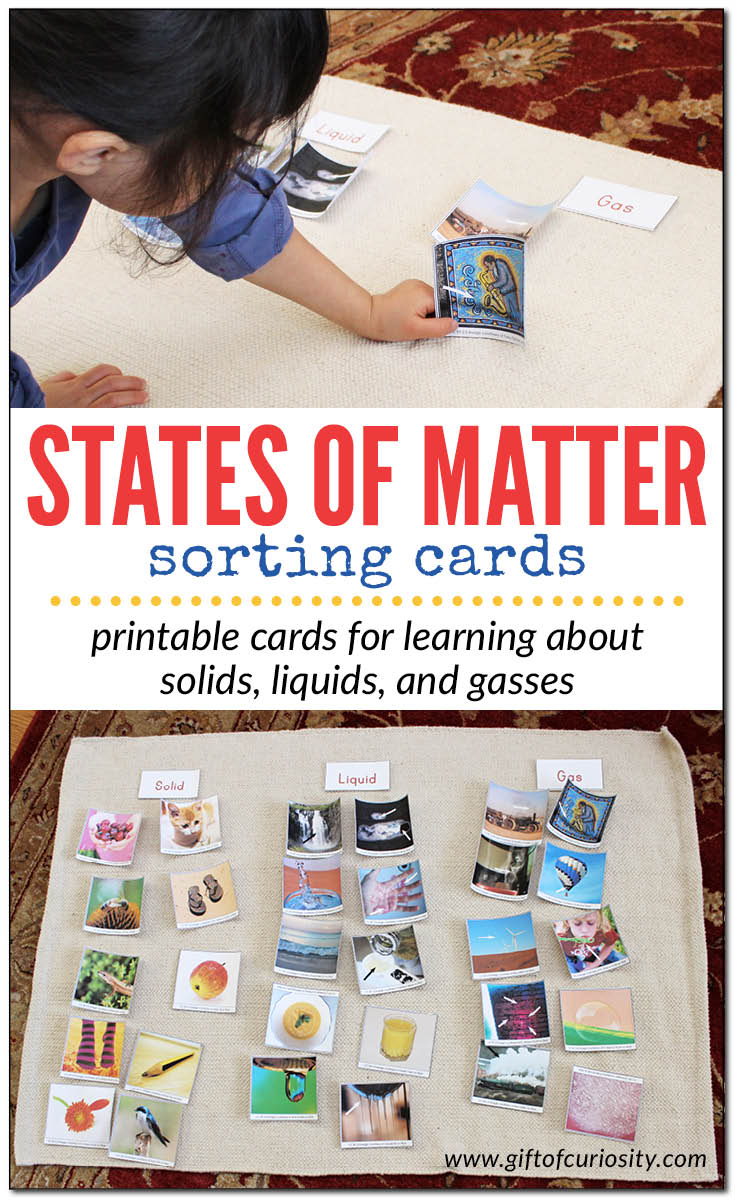 Free printable States of Matter sorting cards | Solid, liquid, and gas sorting cards for kids | preschool science | kindergarten science || Gift of Curiosity