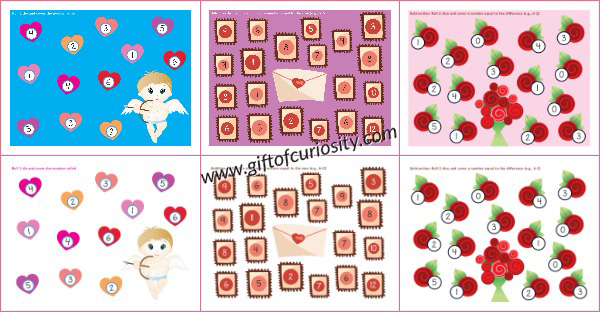 Valentine Roll & Cover Math Games | Free Valentine math printables | Valentine numbers practice | Valentine addition activities | Valentine subtraction activities || Gift of Curiosity