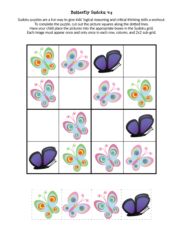 Butterfly Sudoku Puzzles | Free printable Sudoku puzzles for kids | Child-friendly Sudoku puzzles || Gift of Curiosity