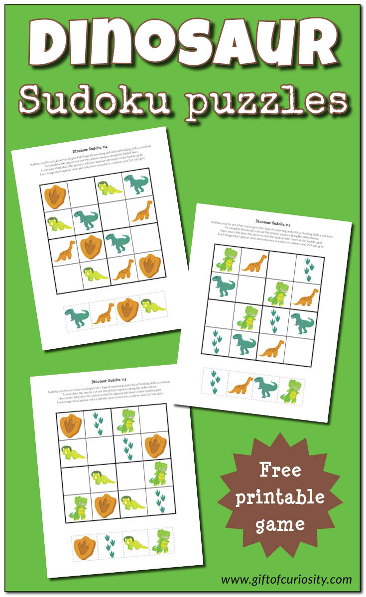 Free, kid-friendly dinosaur sudoku puzzles that use smaller grids and dinosaur images instead of numbers. Perfect for dinosaur lovers ages 2 to 4. | Free dinosaur printables || Gift of Curiosity