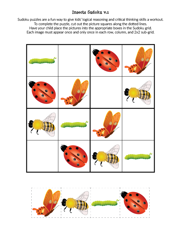 Insects Sudoku puzzles | Free Sudoku puzzles for kids | Insect Sudoku games | printable games for children || Gift of Curiosity