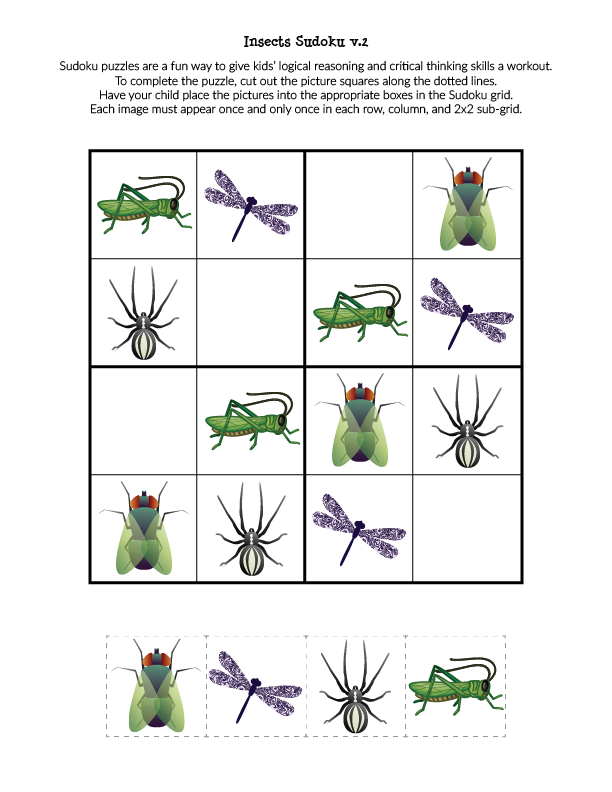 Insects Sudoku puzzles | Free Sudoku puzzles for kids | Insect Sudoku games | printable games for children || Gift of Curiosity