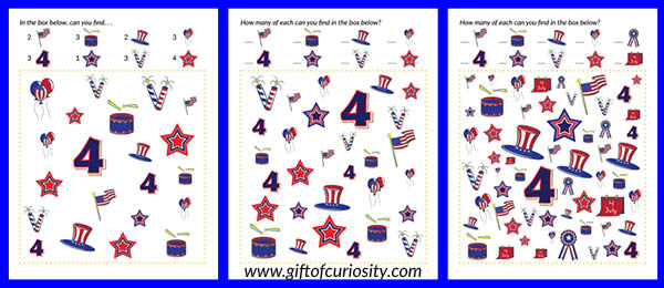 Free 4th of July I Spy printables | Patriotic I spy games for 4th of July || Educational printables for 4th of July || Gift of Curiosity