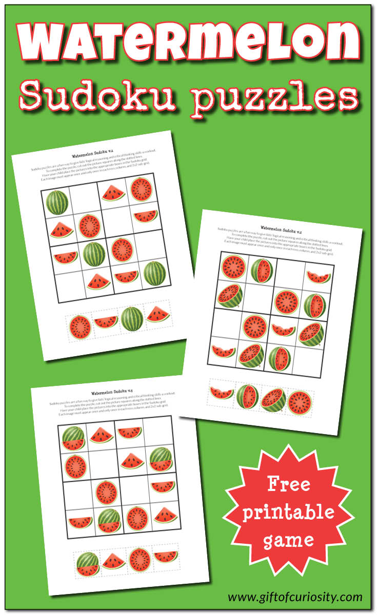 Free printable Watermelon Sudoku puzzles for kids | Summer printables for children | Watermelon printables || Gift of Curiosity