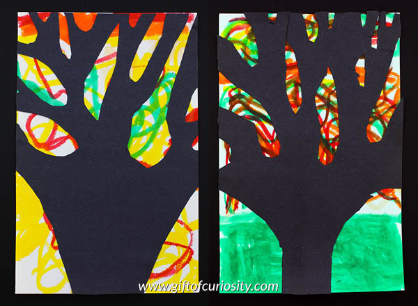 Fall leaves mixed media artwork using Kwik Stix solid tempera paints | Fall art project for kids | Fall leaves art || Gift of Curiosity