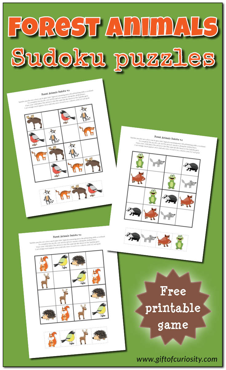 FREE printable Forest Animals Sudoku puzzles for kids || Gift of Curiosity