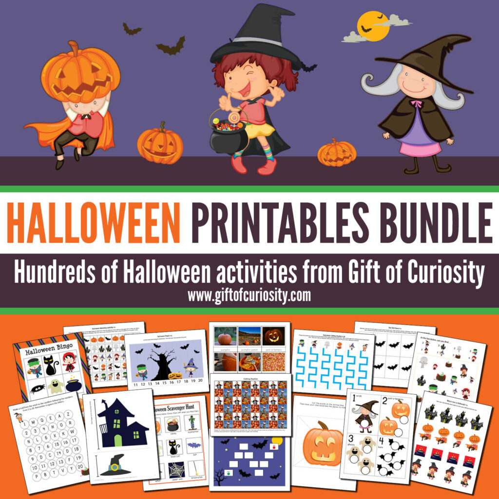 The Halloween Printables Bundle from Gift of Curiosity includes more than 500 pages of Halloween learning printables for kids ages 2 to 8. This bundle features pumpkins, ghosts, black cats, spiders, and more. Plus, there's a wide variety of printable activities spanning multiple subjects across the curriculum. There's something in this bundle for everyone! #Halloween #giftofcuriosity #giftofcuriosityprintables #printables || Gift of Curiosity