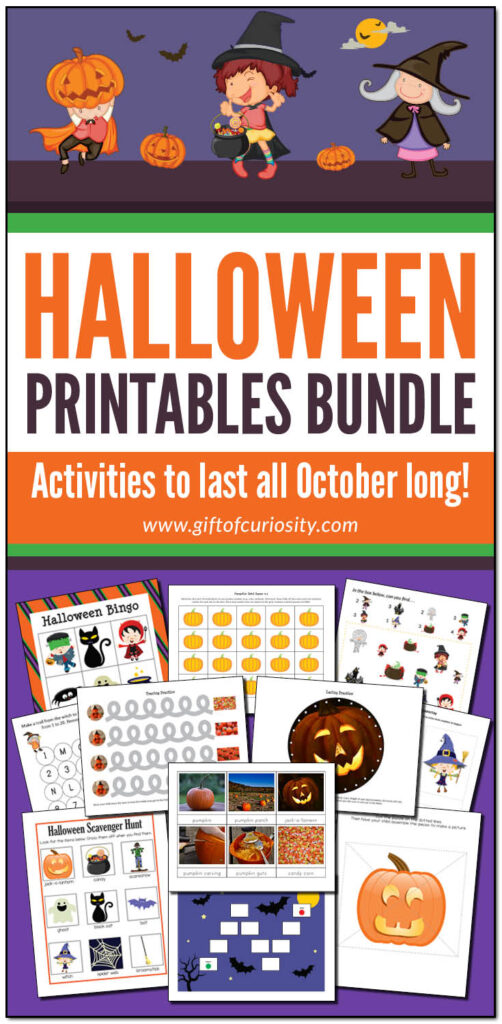 The Halloween Printables Bundle from Gift of Curiosity includes more than 500 pages of Halloween learning printables for kids ages 2 to 8. This bundle features pumpkins, ghosts, black cats, spiders, and more. Plus, there's a wide variety of printable activities spanning multiple subjects across the curriculum. There's something in this bundle for everyone! #Halloween #giftofcuriosity #giftofcuriosityprintables #printables || Gift of Curiosity