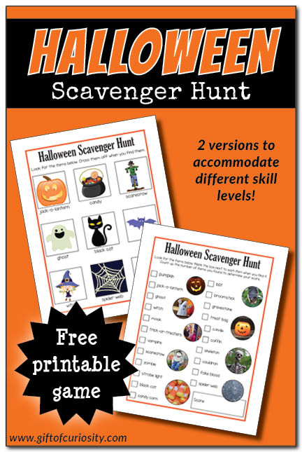 Free printable Halloween scavenger hunt with two versions for pre-readers and independent readers | Halloween printables | Halloween fun | Halloween learning || Gift of Curiosity