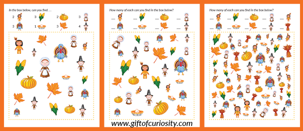 Free printable Thanksgiving I Spy games for children | Free Thanksgiving printables | Educational printables for Thanksgiving || Gift of Curiosity