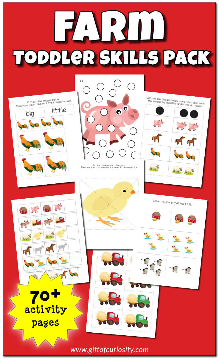 Farm Toddler Skills Pack with 70+ activity pages for kids ages 1-3. Help your toddler develop important early skills such as sorting colors, identifying shapes, understanding number quantities from 0 to 5, building puzzles, developing fine motor skills, and more! #farm #toddlers #printables || Gift of Curiosity