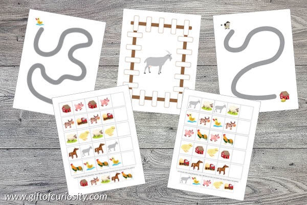 Farm Toddler Skills Pack with 70+ activities pages for kids ages 1-3. Help your toddler develop important early skills such as sorting colors, identifying shapes, understanding number quantities from 0 to 5, building puzzles, developing fine motor skills, and more! #farm #toddlers #printables || Gift of Curiosity