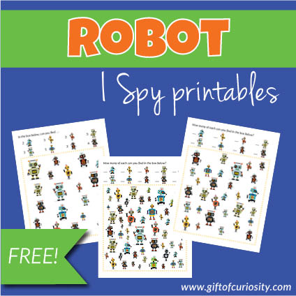 Free printable Robot I Spy games for children with three levels of difficulty. How many of these fun and colorful robots can your child find? #freeprintables #robots #ISpy #giftofcuriosity || Gift of Curiosity