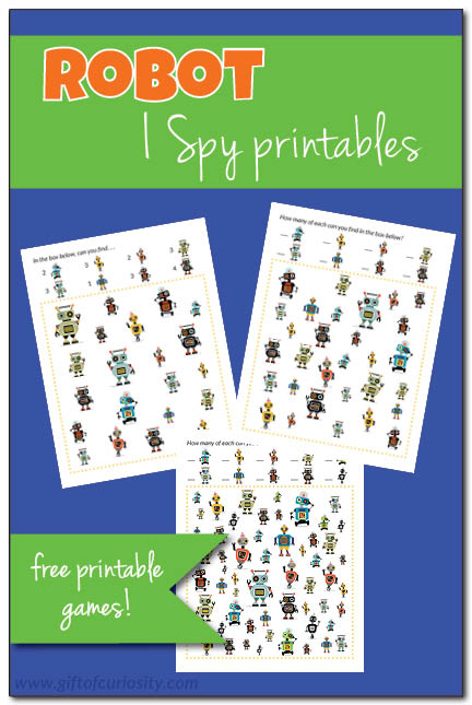 Free printable Robot I Spy games for children with three levels of difficulty. How many of these fun and colorful robots can your child find? #freeprintables #robots #ISpy #giftofcuriosity || Gift of Curiosity