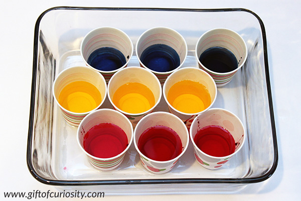 Color mixing activity using colored ice cubes to show children how the three primary colors of magenta (red), cyan (blue), and yellow mix to make the three secondary colors of orange, green, and purple. Great hands-on science for kids! Perfect for preschool or kindergarten lessons on colors and color mixing. #preschool #kindergarten #colors #colormixing #ece #handsonscience || Gift of Curiosity