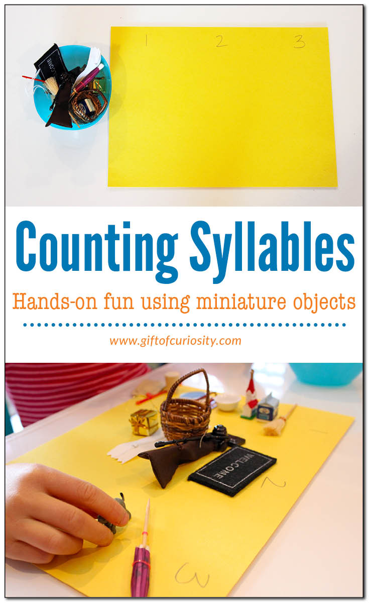 Counting syllables using miniature objects is a fun, hands-on way to teach the important early literacy skill of syllabification | Pre-reading skills || Gift of Curiosity