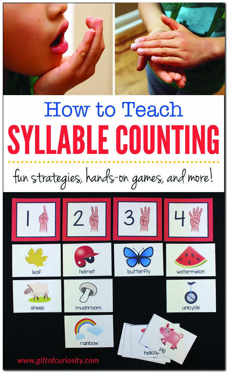 How to teach syllable counting | Knowing how to count syllables is an important pre-reading skill for preschoolers and kindergarten students to master. Learn seven simple and fun strategies for counting syllables and grab my Syllable Counting Activity Pack that is chock full of hands-on games for practicing syllable counting skills. || Gift of Curiosity