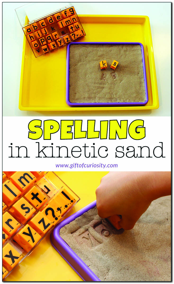 Spelling practice in kinetic sand | Keep your spelling practice fresh! Mix things up by having your child stamp their spelling words in kinetic sand for an entirely new experience || Gift of Curiosity