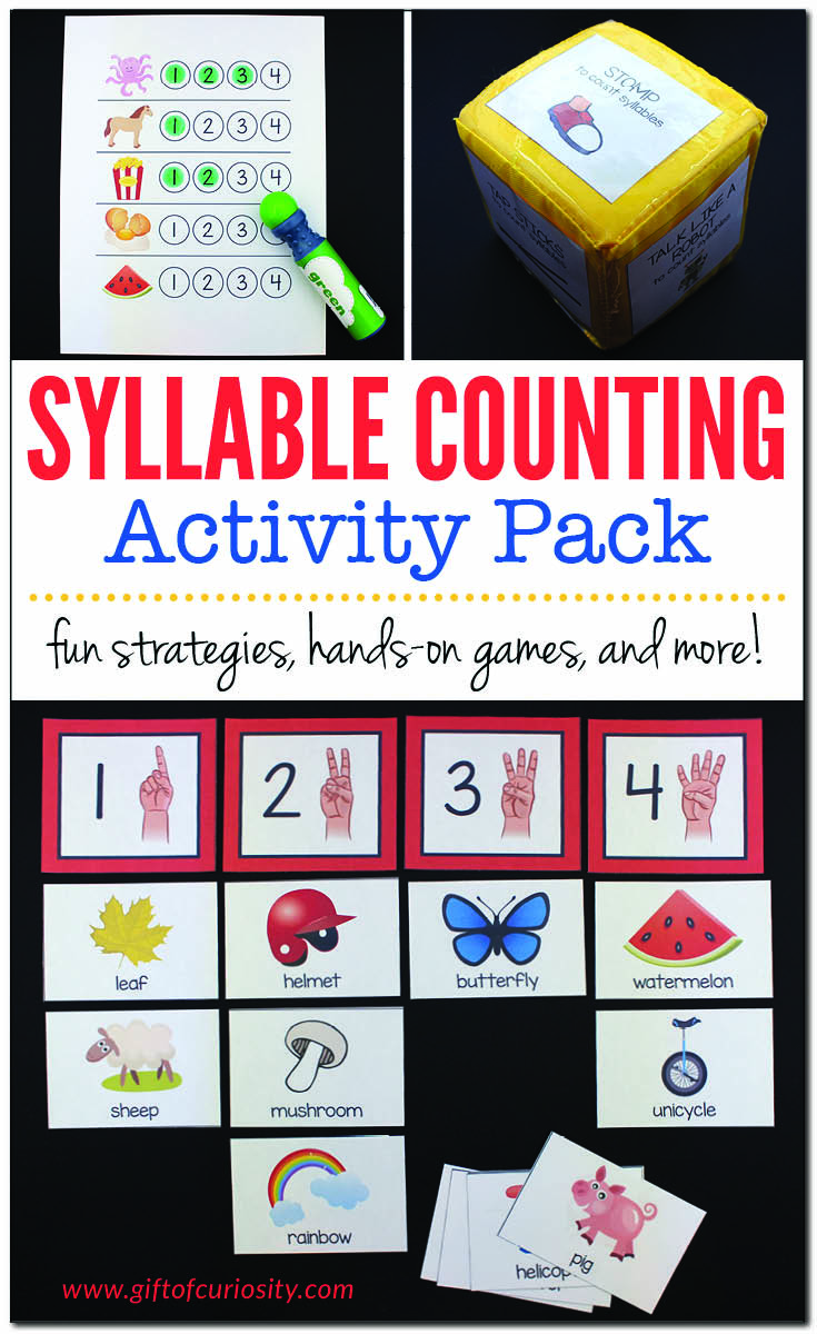 Knowing how to count syllables is an important pre-reading skill for preschoolers and kindergarten students to master. My Syllable Counting Activity Pack will explain what syllables are and why kids need to know how to identify and count them. Plus, get seven simple and fun strategies for counting syllables along with a number of hands-on games for practicing syllable counting skills. || Gift of Curiosity