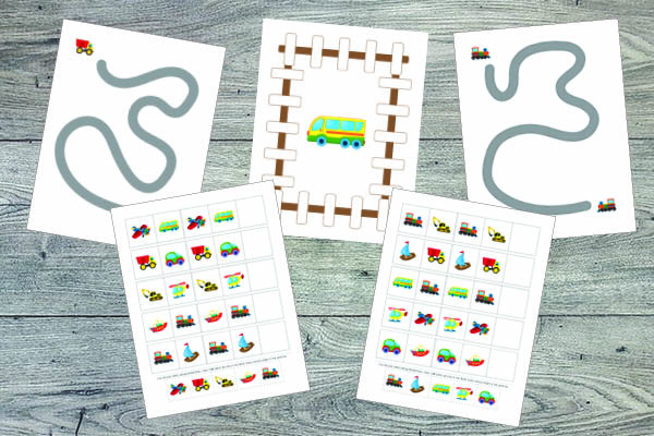 Transportation Toys Toddler Skills Pack with 70+ activity pages for kids ages 1-3. Help your toddler develop important early skills such as sorting colors, identifying shapes, understanding number quantities from 0 to 5, building puzzles, developing fine motor skills, and more! #toddlers #printables || Gift of Curiosity