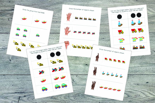 Transportation Toys Toddler Skills Pack with 70+ activity pages for kids ages 1-3. Help your toddler develop important early skills such as sorting colors, identifying shapes, understanding number quantities from 0 to 5, building puzzles, developing fine motor skills, and more! #toddlers #printables || Gift of Curiosity
