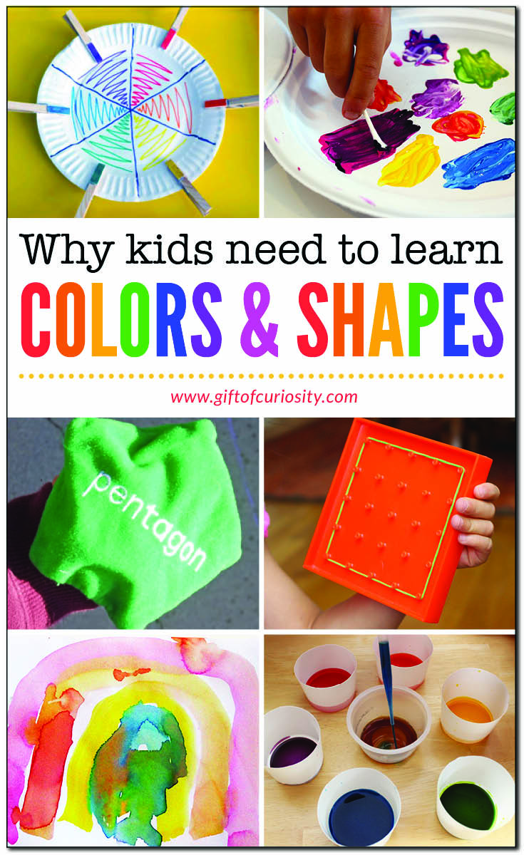 Most children begin to distinguish between and identify colors and shapes between 18 and 36 months. This marks a crucial developmental milestone, as colors and shapes are key ways that we describe and categorize our world. Find out why kids need to learn colors and shapes, plus get lots of ideas for activities you can do to help your children learn colors and shapes. || Gift of Curiosity