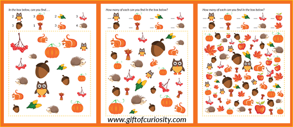 Free Fall I Spy Printables with three levels of difficulty | #freeprintables #fall #ISpy || Gift of Curiosity