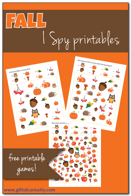 Free Fall I Spy Printables with three levels of difficulty | #freeprintables #fall #ISpy || Gift of Curiosity