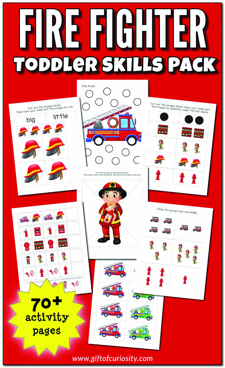Fire Fighter Toddler Skills Pack with 60+ activities pages for kids ages 1-3. Help your toddler develop important early skills such as sorting colors, identifying shapes, understanding number quantities from 0 to 5, building puzzles, developing fine motor skills, and more! #firefighters #toddlers #printables || Gift of Curiosity