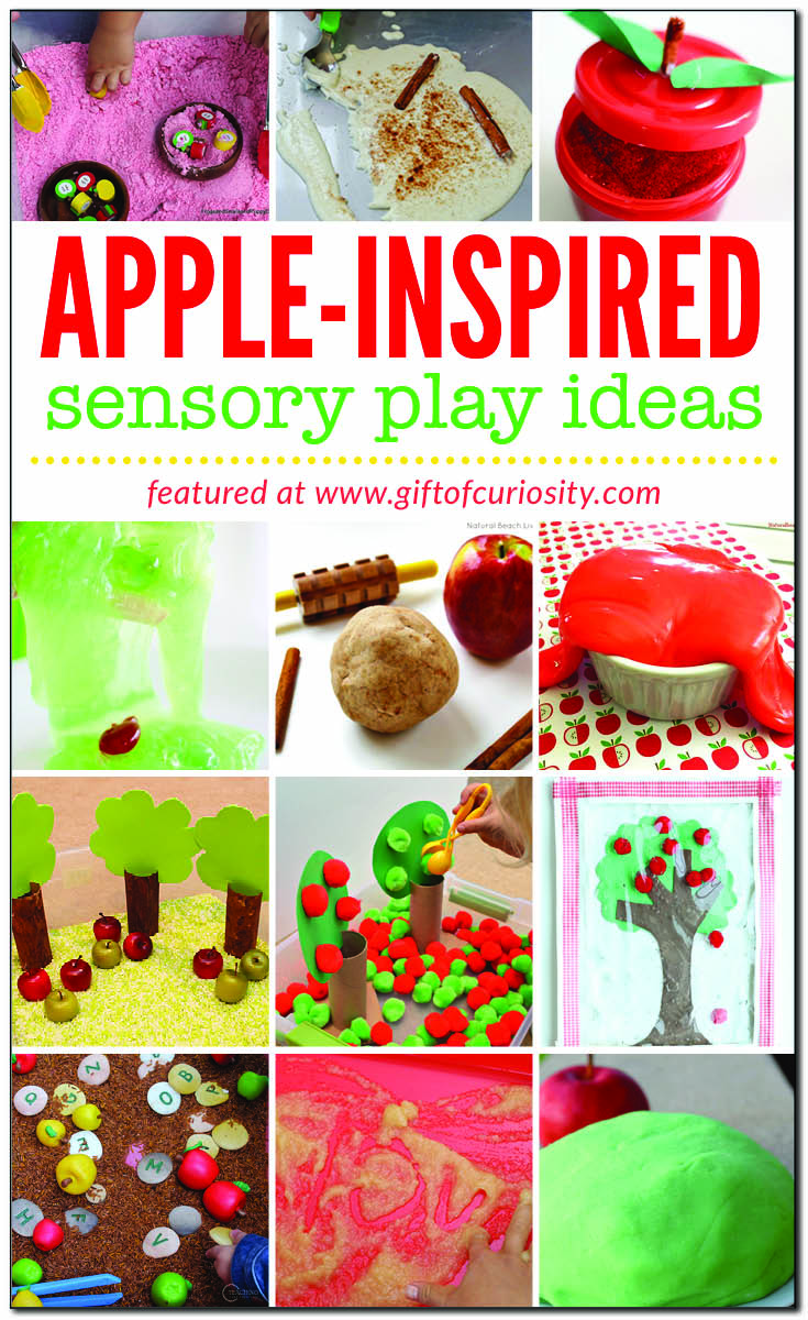 Apple sensory play ideas for kids. | These apple-inspired sensory play ideas include apple sensory bins, apple play dough, apple slime, and more. | Try these apple sensory play ideas for your apple unit. || Gift of Curiosity