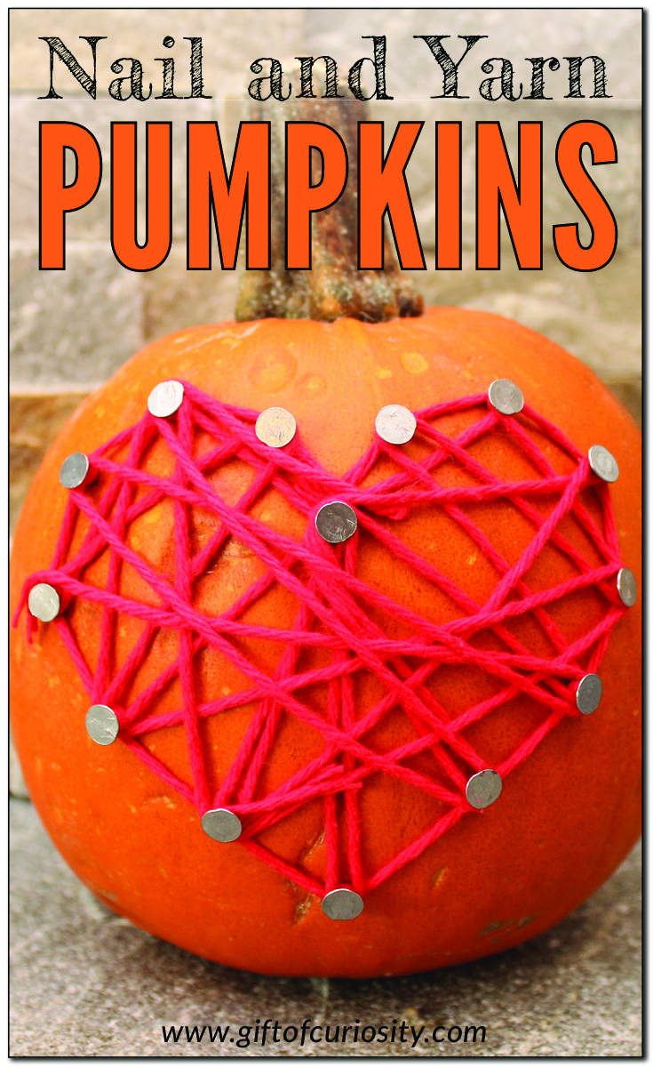Nail and yarn decorated pumpkins for Halloween #pumpkins #Halloween || Gift of Curiosity