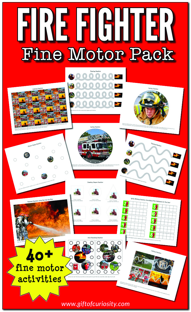 Fire Fighter Fine Motor Pack with more than 40 fine motor activities covering pincer grasp, lacing, tracing, tweezing, drawing shapes, pin punching, hole punching, and cutting. #finemotor #firefighters #communityhelpers || Gift of Curiosity