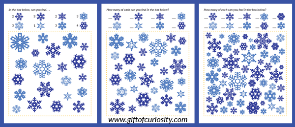Free Snowflakes I Spy printable games for children with three levels of difficulty so you can tailor the activity to your child's developmental level. #freeprintables #winter #snow #snowflakes #ISpy || Gift of Curiosity