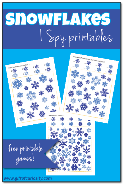 Free Snowflakes I Spy printable games for children with three levels of difficulty so you can tailor the activity to your child's developmental level. #freeprintables #winter #snow #snowflakes #ISpy || Gift of Curiosity