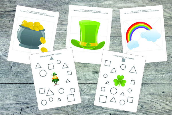 St. Patrick's Day Toddler Skills Pack with 60 print-and-play activity pages for children ages 1-3.  #StPatricksDay #toddlers #printables #giftofcuriosity || Gift of Curiosity