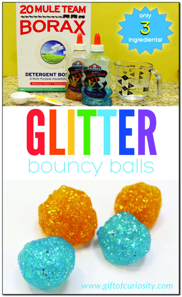 Make your own glitter bouncy balls (that actually bounce!) using just three simple ingredients. These bouncy balls are fun to make, plus they are a great demonstration of a chemical reaction in action. #science #STEM #STEAM #handsonlearning #giftofcuriosity || Gift of Curiosity