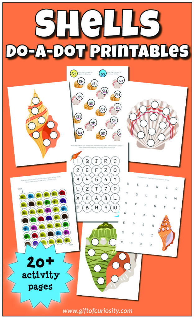 FREE Shells Do-a-Dot Printables for kids ages 2-6 | Practice one-to-one correspondence, shapes, colors, patterning, letters, and numbers | #ocean #shells #freeprintable #DoADot #giftofcuriosity