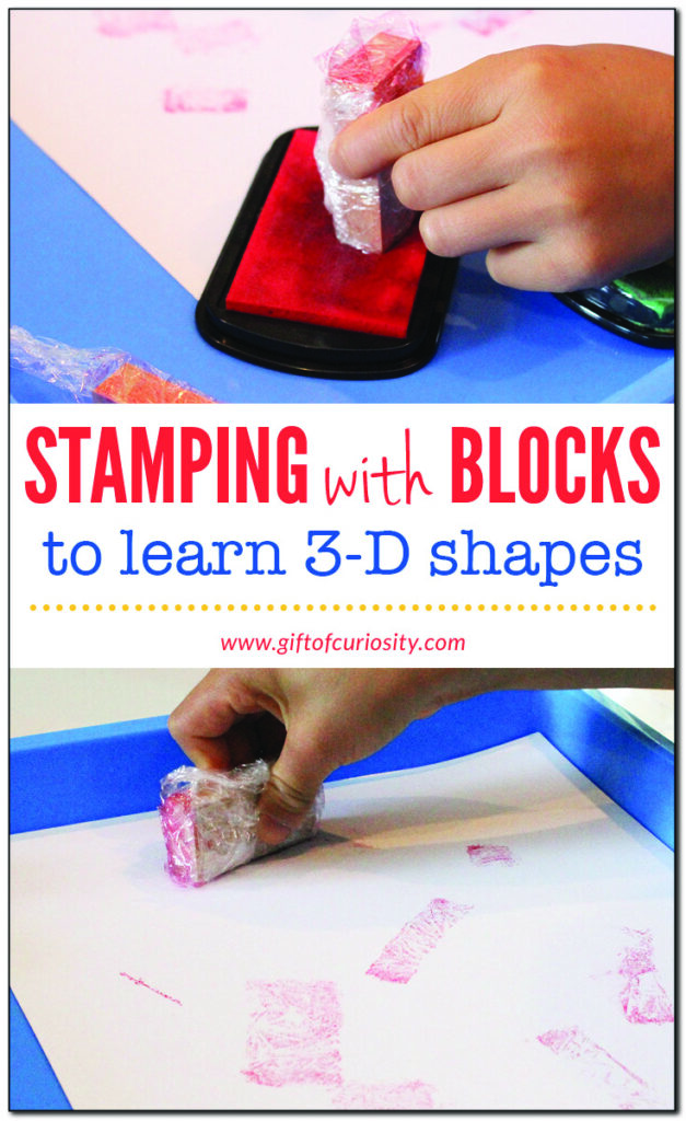 This stamping with blocks activity is a perfect, hands-on way to teach kids about 3-D shapes without having to "teach" them. Instead, the focus of this activity is on making art using 3-D blocks as "stamps." Children will naturally notice the different faces of each 3-D shape, helping them learn without having to be "taught." | #giftofcuriosity #shapes #handsonlearning #artsandcrafts || Gift of Curiosity
