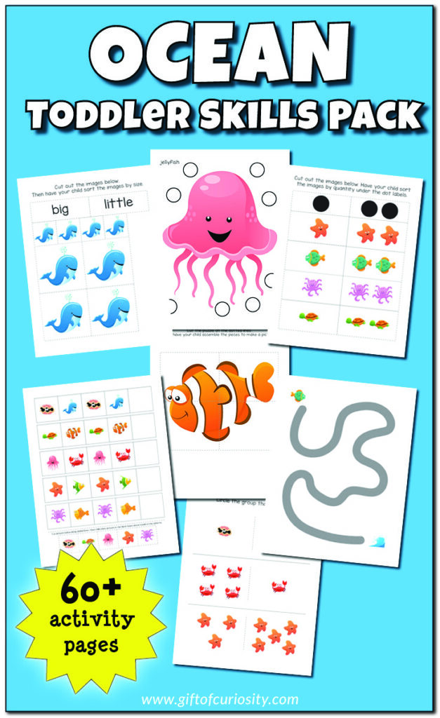 This Ocean Toddler Skills Pack features more than 60 pages of ocean-themed activities for children ages 1-3, including do-a-dot activities, coloring pages, puzzles, colors, shapes, fine motor activities, and early math activities. #ocean #printables #giftofcuriosity #toddlers || Gift of Curiosity