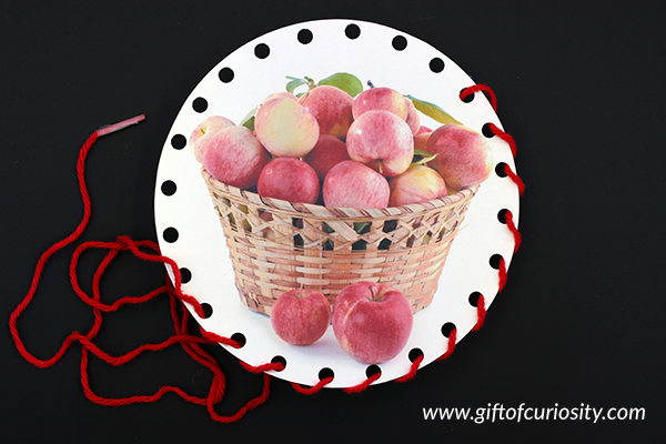 Apple Fine Motor Pack with 40+ fine motor activities: pincer grasp, lacing, tracing, tweezing, drawing shapes, pin punching, hole punching, & cutting | #apples #fall #finemotor #giftofcuriosity #printables || Gift of Curiosity