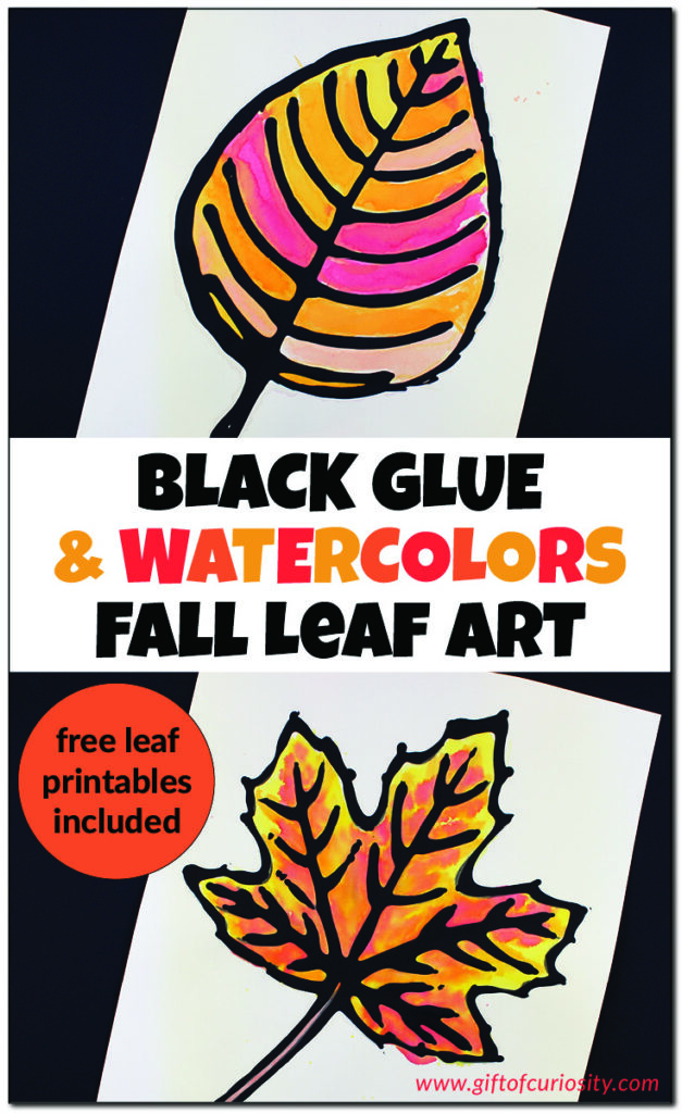 These GORGEOUS black glue and watercolors fall leaf art make a wall-worthy project any time of year. Includes free printable leaf outline templates to make it easy to design the perfect leaf! | #freeprintable #leaves #artsandcrafts #fall #botany #giftofcuriosity || Gift of Curiosity