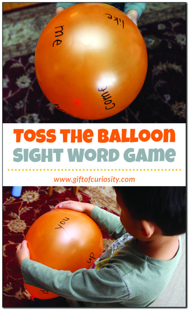 Toss the Balloon Sight Word Game: This activity takes just one minute to set up but will keep your child entertained for much longer. It's a great way to practice reading sight words while helping your child stay active and burn some energy. | #reading #sightwords #giftofcuriosity #handsonlearning || Gift of Curiosity