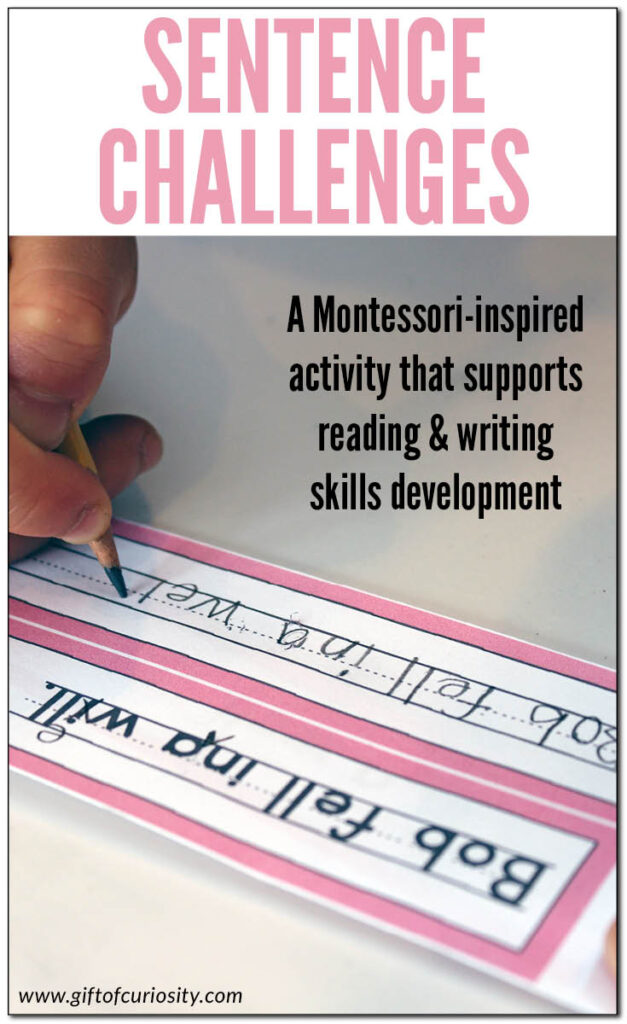 These Sentence Challenges are a Montessori-inspired activity that supports reading and writing skills development. Download the free sampler or grab the complete set of 36 sentence challenges at three levels of difficulty. Children will work on finding and correcting errors in text, capitalization, punctuation, and the mechanics of handwriting. | #reading #writing #Montessori #printables #giftofcuriosity || Gift of Curiosity