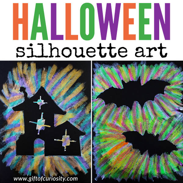 Halloween Silhouette Art - celebrate Halloween fun (or spookiness!) with this stunning Halloween art that makes use of negative space. Free printable Halloween outlines featuring cats, bats, pumpkins and more are included to use as templates for this project. | #Halloween #artsandcrafts #freeprintable #giftofcuriosity || Gift of Curiosity