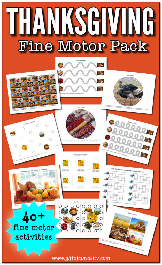 Thanksgiving Fine Motor Pack with 40+ fine motor activities: pincer grasp, lacing, tracing, tweezing, drawing shapes, pin punching, hole punching, & cutting | #thanksgiving #fall #finemotor #giftofcuriosity #printables || Gift of Curiosity