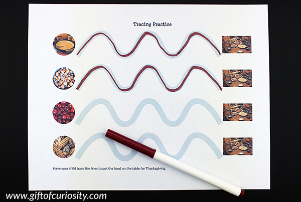 Thanksgiving Fine Motor Pack with 40+ fine motor activities: pincer grasp, lacing, tracing, tweezing, drawing shapes, pin punching, hole punching, & cutting | #thanksgiving #fall #finemotor #giftofcuriosity #printables || Gift of Curiosity